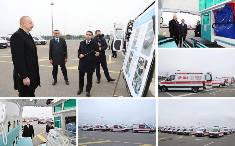 Prezident İlham Əliyev yeni alınmış təcili tibbi yardım avtomobilləri ilə tanış olub 