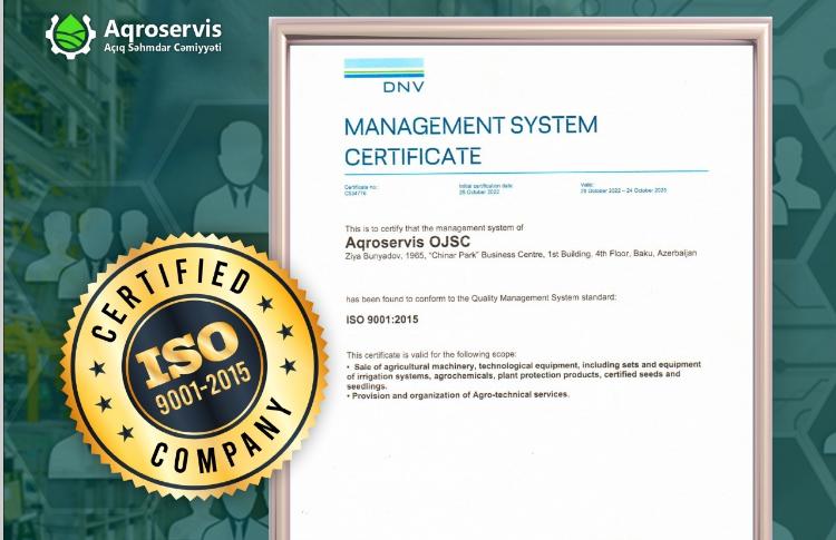 "Aqroservis" ASC İSO 9001:2015 keyfiyyət sertifikatına layiq görülüb 