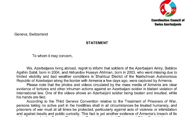 Координационный совет азербайджанцев Швейцарии требует строго наказать Армению за насильственные действия 