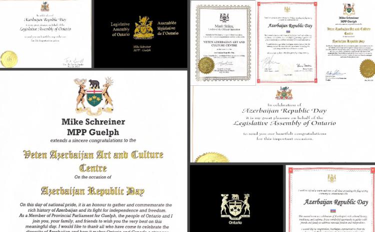 Ontario əyalətinin rəsmiləri 28 May - Müstəqillik Günü ilə əlaqədar bəyannamə və təbrik məktubları ünvanlayıblar 