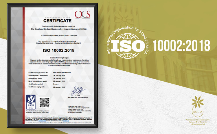 KOBİA-ya ISO 10002:2018 beynəlxalq standartı üzrə sertifikat təqdim edilib 