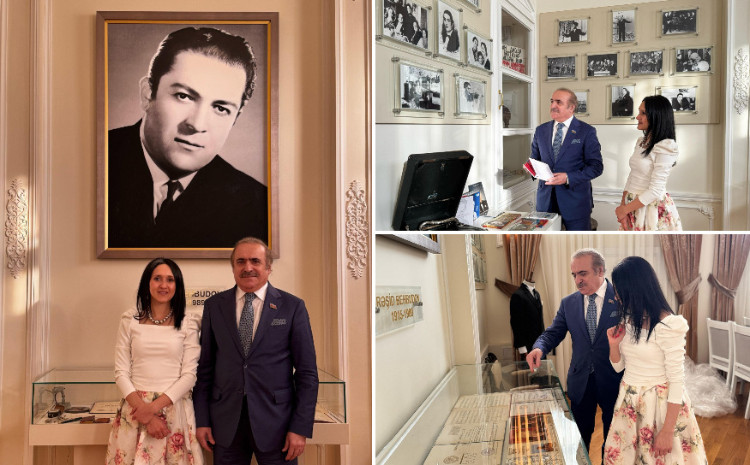 Akademik Rafael Hüseynov Dövlət Mahnı Teatrında yeni yaradılmış Rəşid Behbudovun xatirə otağını ziyarət edib 