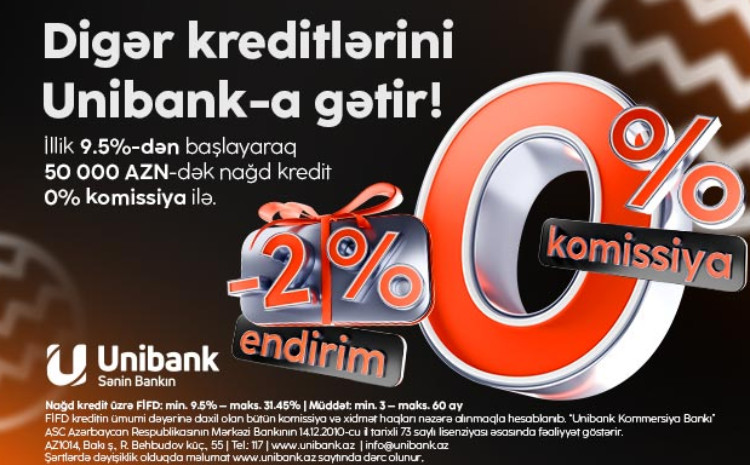 Unibank 0 % komissiyalı və 2 % endirimli kredit kampaniyası keçirir 