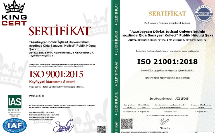 UNEC nəzdində Qida Sənayesi Kolleci beynəlxalq keyfiyyət standartları üzrə sertifikatlar əldə edib 