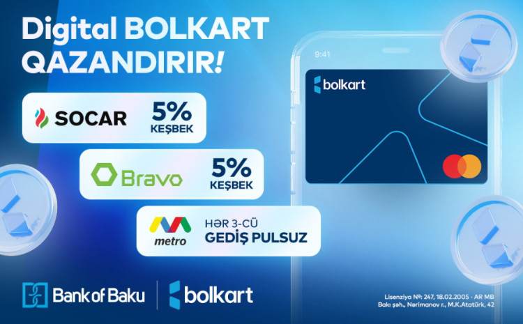 “Bank of Baku”nun “Mastercard Digital Bolkart” kartı qazandırır – 5 faiz keşbek və pulsuz gedişlər! 