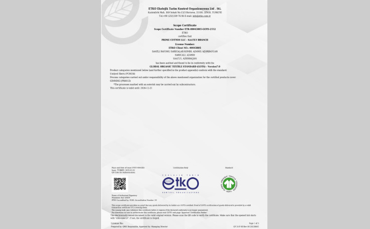 “Prime Cotton” GOTS sertifikatını əldə edərək Azərbaycan pambıq sektorunda yeni mərhələ açır 