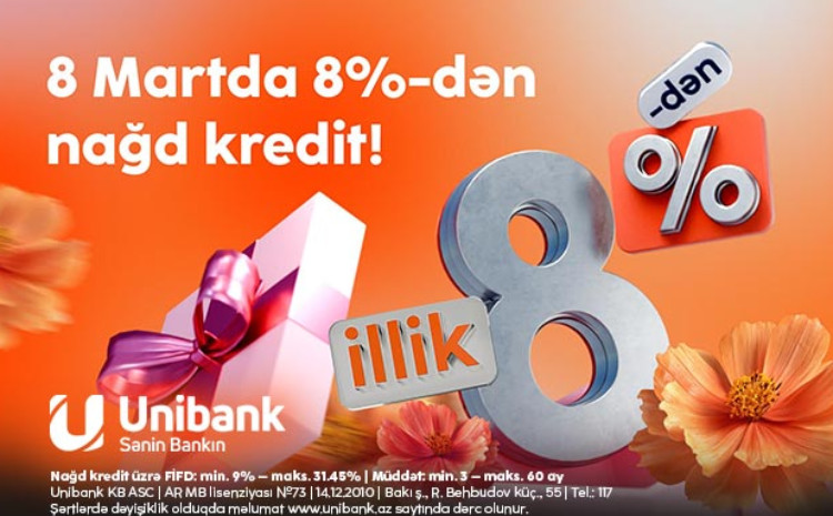 Unibankdan xanımlara 8 Mart hədiyyəsi- 8 %-lik kredit 