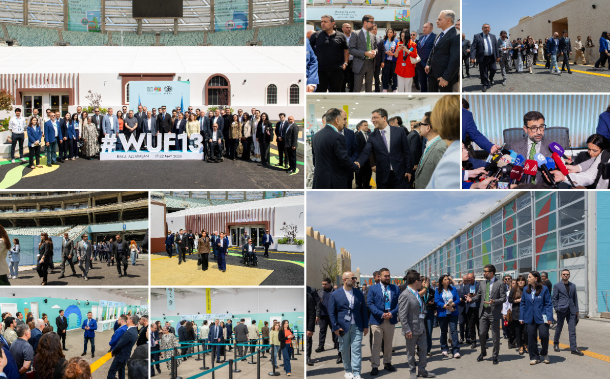 NGO and media representatives visit the Baku Olympic Stadium to observe preparations for WUF13 