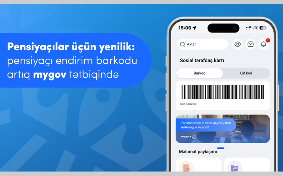 Pensiyaçılar üçün endirim barkodu artıq mygov mobil tətbiqindədir! 
